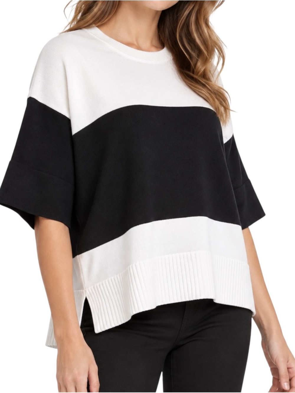 DKNY Women’s Medium Black White Colorblock Boxy Short Sleeve Sweater Top